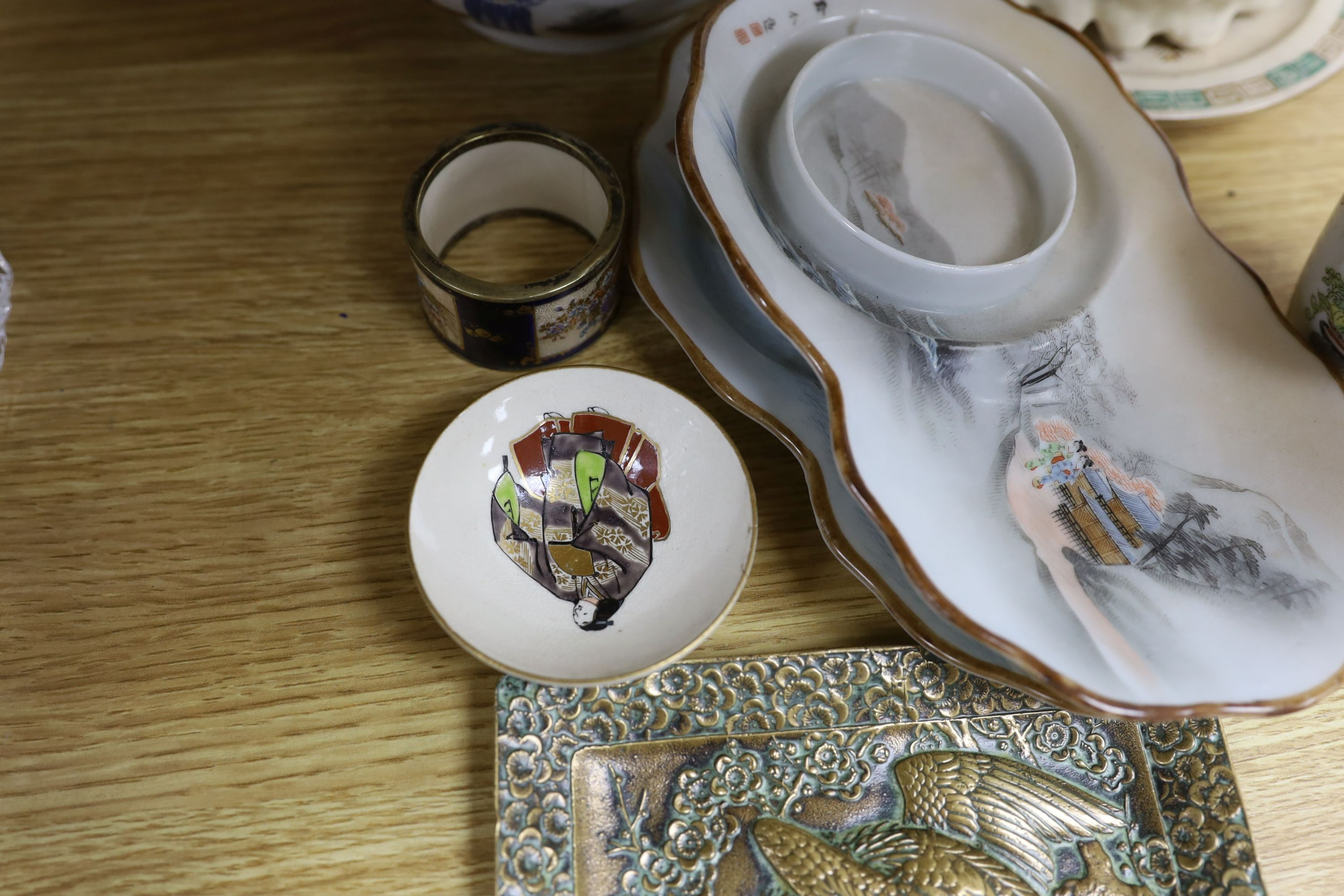 Assorted Japanese and Chinese items including a Japanese bronze square dish